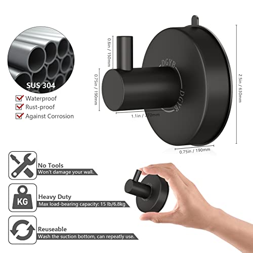DGYB Suction Cup Hooks for Shower Set of 2 Towel Hooks for Bathrooms SUS 304 Stainless Steel Matte Black Shower Hooks for Loofah 15 LB Bathroom Hooks for Towels