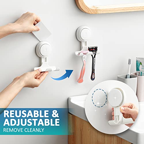TAILI Suction Cup Razor Holder in Shower 2 Pack, Towel, Loofah, Shaver Holder for Shower Wall, Powerful Suction Cup Shower Hooks for Inside Shower, Easy to Install and Reuse, White