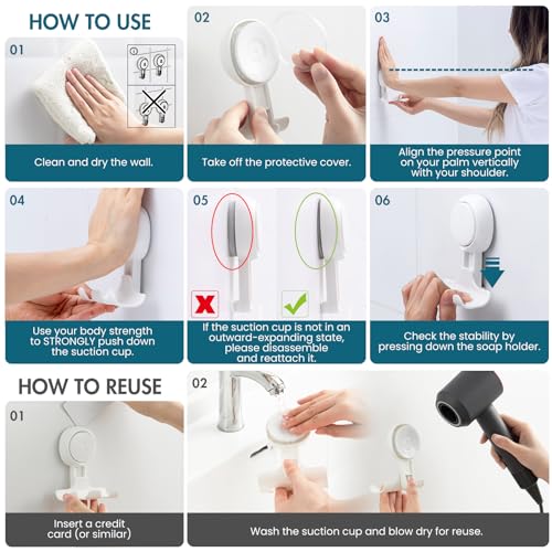 TAILI Suction Cup Razor Holder in Shower 2 Pack, Towel, Loofah, Shaver Holder for Shower Wall, Powerful Suction Cup Shower Hooks for Inside Shower, Easy to Install and Reuse, White