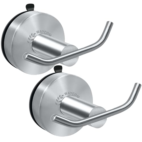 WAYCOM Suction Cup Hooks for Shower Set of 2 Double Towel Hooks for Bathrooms Waterproof Stainless Shower Hooks