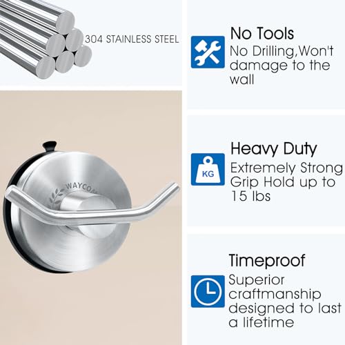 WAYCOM Suction Cup Hooks for Shower Set of 2 Double Towel Hooks for Bathrooms Waterproof Stainless Shower Hooks