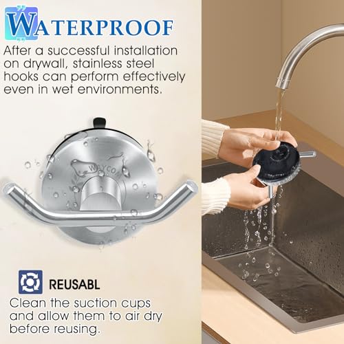 WAYCOM Suction Cup Hooks for Shower Set of 2 Double Towel Hooks for Bathrooms Waterproof Stainless Shower Hooks