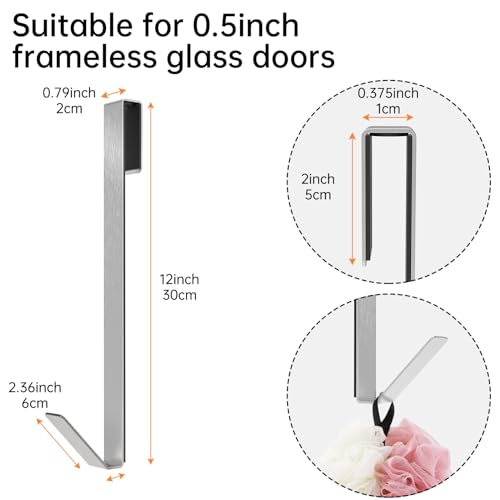 Linone 12 in Shower Door Hooks, Towel Hooks for Bathrooms, Shower Hooks for Towels, Heavy Duty Drilling-Free Extended Over Door Towel Hooks for Frameless Glass Shower Door, 3 Pack