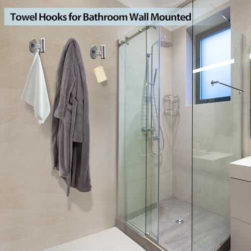 Kruodop Adhesive Hooks Towel Hooks for Bathroom,2 Packs Wall Mount Towel Holder, Matte Wall Robe Hook,Stainless Steel Heavy Duty Door Hanger Towel Hook for Kitchen, Bedroom,Hotel - Silver