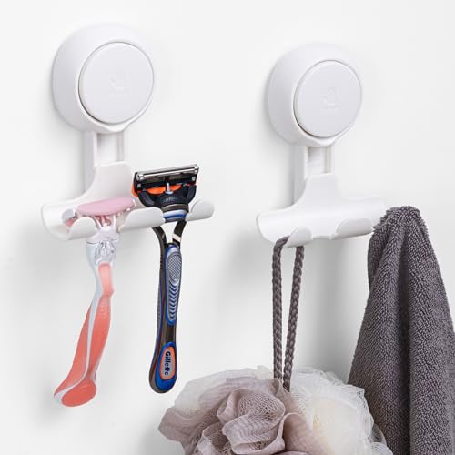 LEVERLOC Razor Holder for Shower 2 Pack, Powerful Vacuum Suction Cup Hooks for Bathroom, Damage-Free Hanging Shower Hooks for Towel, Razor, Loofah, Easy to Install and Reuse, White