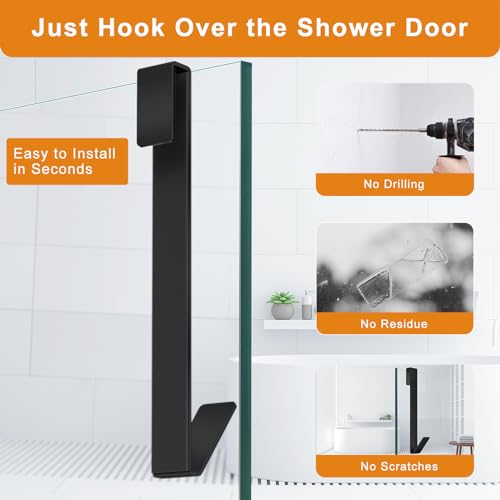 Shower Door Hooks 10 in, Shower Hooks for Towels, Heavy Duty Drilling-Free Extended Shower Towel Hooks for Bathroom Frameless Glass Shower Door, Over The Door Towel Hooks 3 Packs Black