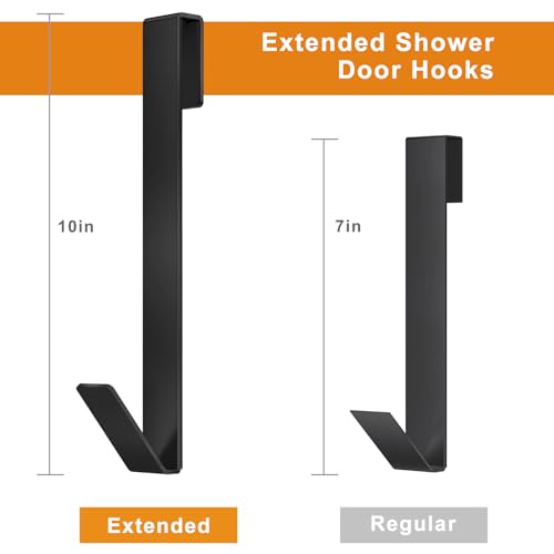 Shower Door Hooks 10 in, Shower Hooks for Towels, Heavy Duty Drilling-Free Extended Shower Towel Hooks for Bathroom Frameless Glass Shower Door, Over The Door Towel Hooks 3 Packs Black