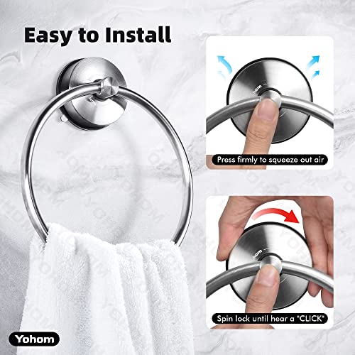 YOHOM Suction Cup Towel Ring Hand Towel Holder for Bathroom Vacuum Suction Washcloth Holder Dish Towel Hanger for Shower Wall No Drill Stainless Steel Brushed Finish