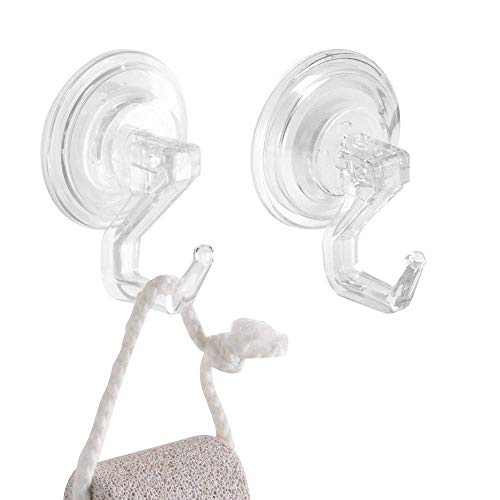 iDesign Power Lock Bathroom Shower Plastic Suction Cup Hooks for Loofah, Towels, Sponges, and More, Pack of 2, Clear