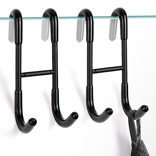 NINETREX Shower Door Towel Hooks,Over Glass Door Black Hook for Bathrooms,Towel Rack Heavy Duty 304 Stainless Steel for Towels Frameless Glass Door,Coats,Squeegee,loofah,2 Pack,Black
