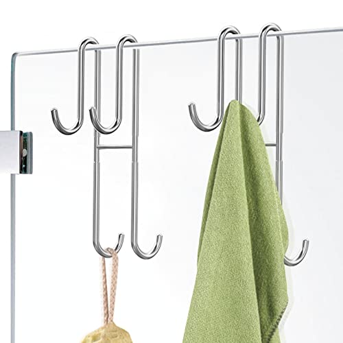Cerbonny Shower Door Hooks, 2 Pack Double Towel Hooks for Bathroom Frameless Glass Shower Door, Heavy Duty Stainless Steel Bathroom Hanger without Perforation，Silver