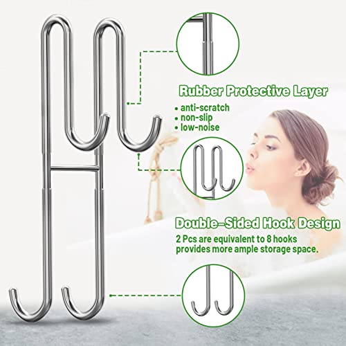 Cerbonny Shower Door Hooks, 2 Pack Double Towel Hooks for Bathroom Frameless Glass Shower Door, Heavy Duty Stainless Steel Bathroom Hanger without Perforation，Silver