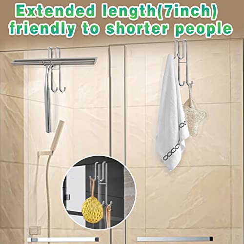 Cerbonny Shower Door Hooks, 2 Pack Double Towel Hooks for Bathroom Frameless Glass Shower Door, Heavy Duty Stainless Steel Bathroom Hanger without Perforation，Silver