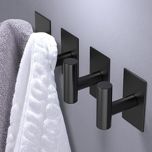 VAEHOLD Wall Adhesive Hooks, Heavy Duty Sticky Holder Waterproof Stainless Steel Towel Hooks for Hanging Coat, Clothes, Closet Hook Wall Mount for Kitchen, Bathroom (Black Adhesive Hook 2 Pack)