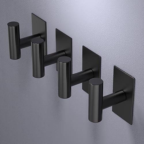 VAEHOLD Wall Adhesive Hooks, Heavy Duty Sticky Holder Waterproof Stainless Steel Towel Hooks for Hanging Coat, Clothes, Closet Hook Wall Mount for Kitchen, Bathroom (Black Adhesive Hook 2 Pack)