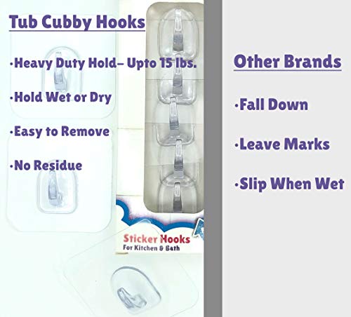 Tub Cubby 5-Pack of Wall Hooks for Kitchen & Bath Transparent Reusable Adhesive Stickers for Pictures Utensils Towels Bath Toy Organizer