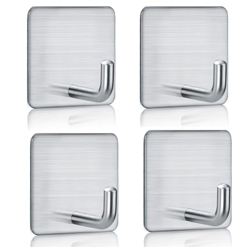FOTYRIG Adhesive Hooks Towel Hooks Extra Sticky Door Hooks 15LB (Max) Stick on Wall Waterproof Stainless Steel Holders for Hanging Purse Clothes Bathroom Hooks Silver-4 Packs