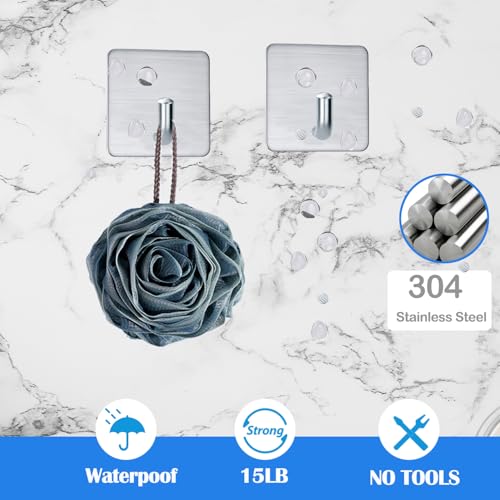 FOTYRIG Adhesive Hooks Towel Hooks Extra Sticky Door Hooks 15LB (Max) Stick on Wall Waterproof Stainless Steel Holders for Hanging Purse Clothes Bathroom Hooks Silver-4 Packs