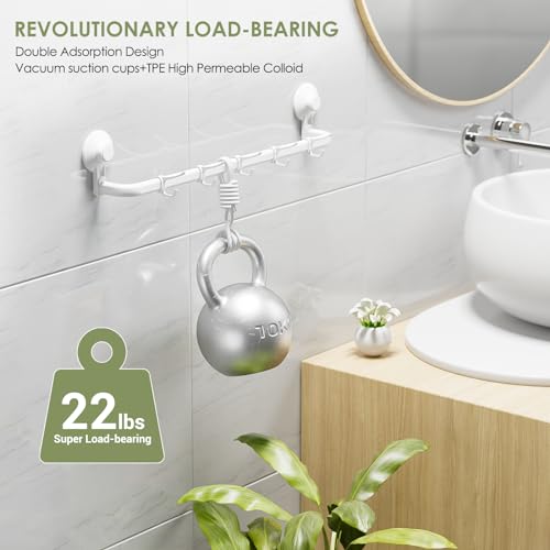 LUXEAR Suction Cup Towel Bar, 24 Inch Adhesive Bathroom Towel Bar, No Drill Hand Towel Holder with 5 Sliding Hooks, Wall Mounted Towel Bar for Shower Bathroom Kitchen Door - White