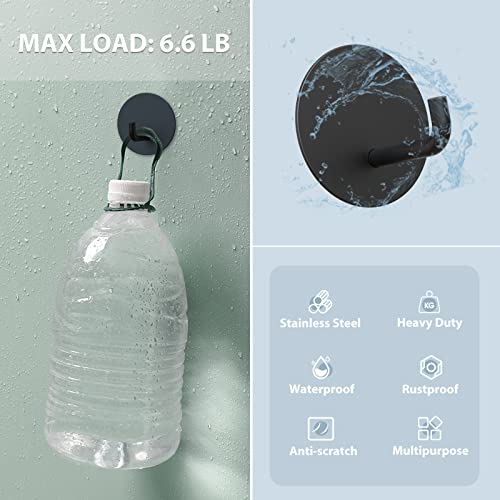 VIS'V Adhesive Hooks, Black Round Self Adhesive Wall Hooks Small Stick on Hooks Waterproof Heavy Duty Stainless Steel Shower Sticky Towel Hooks for Bathroom Kitchen Livingroom Camper - 4 Pcs