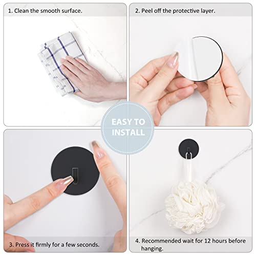 VIS'V Adhesive Hooks, Black Round Self Adhesive Wall Hooks Small Stick on Hooks Waterproof Heavy Duty Stainless Steel Shower Sticky Towel Hooks for Bathroom Kitchen Livingroom Camper - 4 Pcs