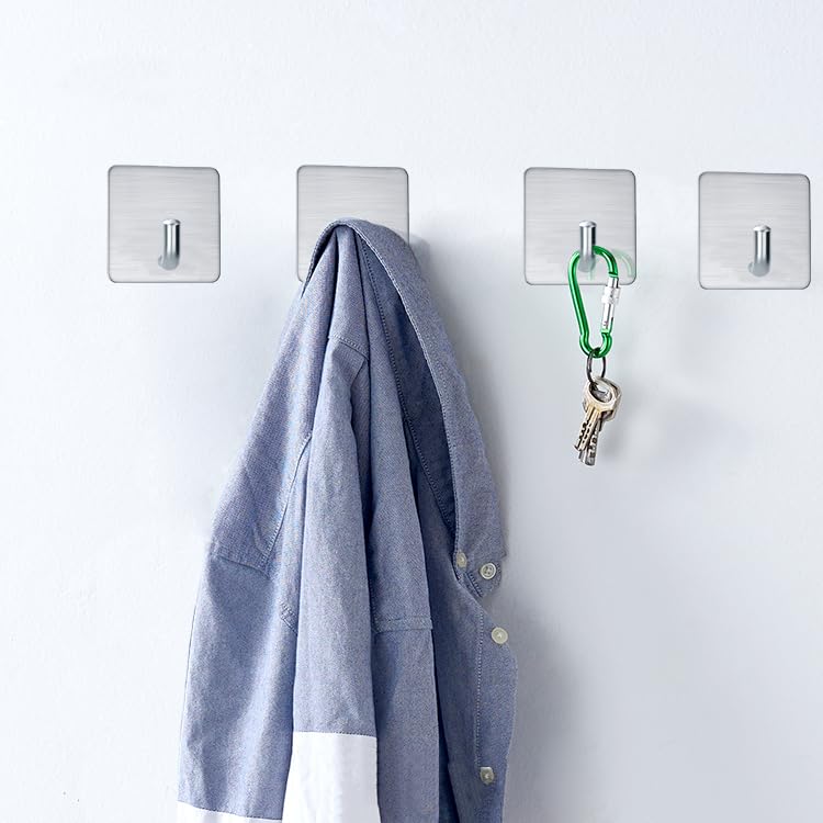 FOTYRIG Adhesive Hooks Towel Hooks Extra Sticky Door Hooks 15LB (Max) Stick on Wall Waterproof Stainless Steel Holders for Hanging Purse Clothes Bathroom Hooks Silver-4 Packs