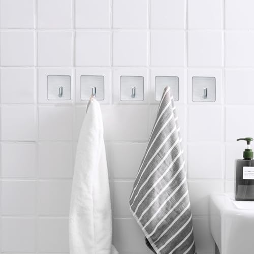 FOTYRIG Adhesive Hooks Towel Hooks Extra Sticky Door Hooks 15LB (Max) Stick on Wall Waterproof Stainless Steel Holders for Hanging Purse Clothes Bathroom Hooks Silver-4 Packs