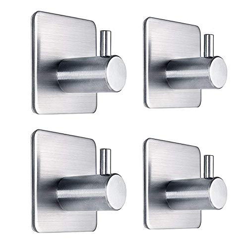 Adhesive Hooks Heavy Duty Wall Hooks Waterproof Stainless Steel Hooks for Hanging Coat, Hat,Towel Robe Hook Rack Wall Mount- Bathroom and Bedroom 4-Packs