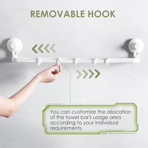 LUXEAR Suction Cup Towel Bar, 24 Inch Adhesive Bathroom Towel Bar, No Drill Hand Towel Holder with 5 Sliding Hooks, Wall Mounted Towel Bar for Shower Bathroom Kitchen Door - White