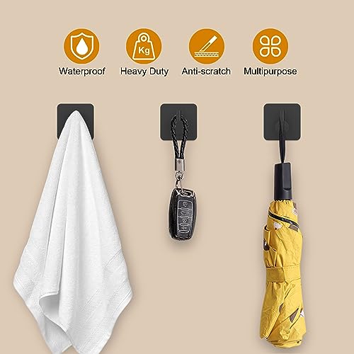 Honmein 6 Pcs Adhesive Wall Hooks for Hanging - Waterproof Shower Hooks, Heavy Duty Towel Hooks for Bathrooms, Kitchens, and Offices (Black)