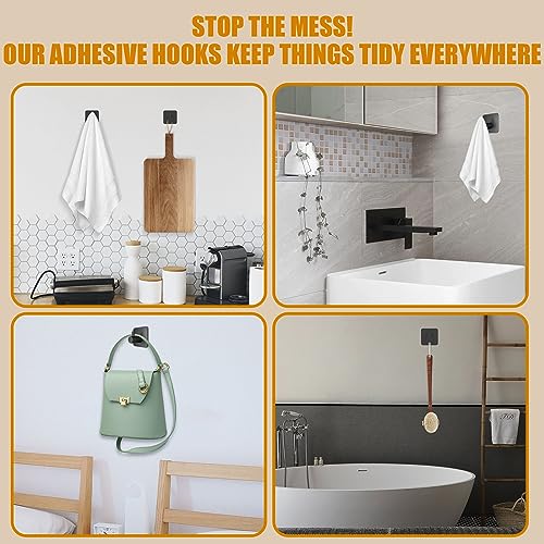 Honmein 6 Pcs Adhesive Wall Hooks for Hanging - Waterproof Shower Hooks, Heavy Duty Towel Hooks for Bathrooms, Kitchens, and Offices (Black)