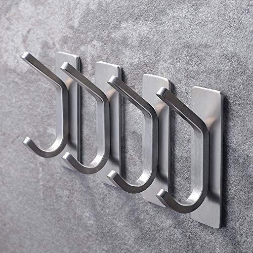 YIGII Towel Hook/Adhesive Hooks - Wall Hooks for Coat/Robe/Towels Stick on Bathroom/Kitchen 4-Pack, Stainless Steel