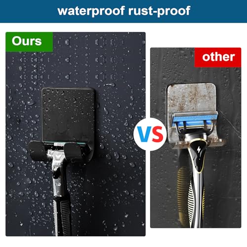 Diesisa Razor Holder 304 Stainless Steel for Shower + Adhesive Sticky Heavy Duty Waterproof Wall Hooks, Premium for Hanging Towels, Coat, hat (2+2 Pack) - Black