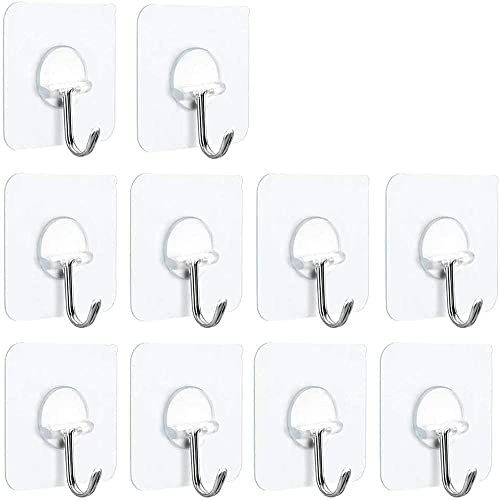 Fotosnow Adhesive Hooks Heavy Duty Wall Hooks 15lbs(Max) Reusable Seamless Transparent Shower Hooks Stick on Hooks for Hanging Bathroom Kitchen Outdoors -10 Pack