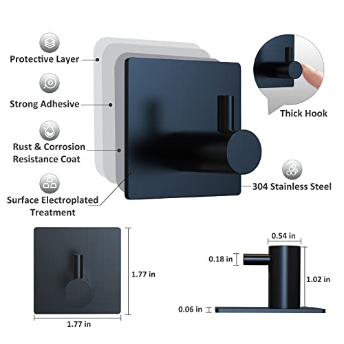 VIS'V Adhesive Hooks, Black Adhesive Towel Hooks Waterproof Self Adhesive Shower Wall Hooks Stainless Steel Stick on Hooks Heavy Duty Sticky Hooks for Bathroom Kitchen Livingroom Camper - 4 Pcs