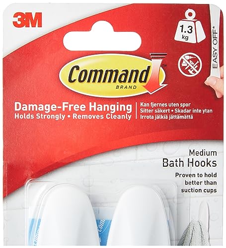 Command Designer Bath Hooks, Medium, White, 2-Hooks with Water-Resistant Strips (17081B-ES), Organize your dorm