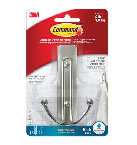 Command Large Double Bathroom Wall Hook, Damage Free Hanging Bath Hook with Adhesive Strip, Double Hook for Hanging Bath Towels, 1 Satin Nickel Colored Wall Hook and 1 Water-Resistant Command Strip