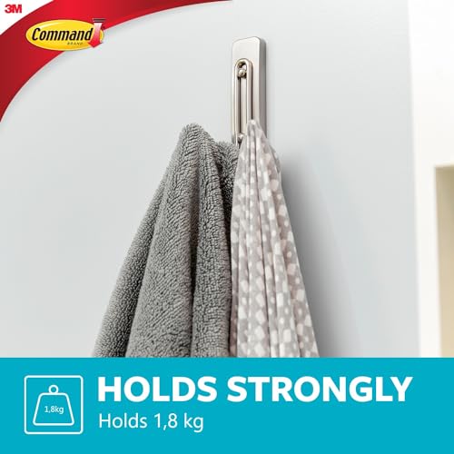 Command Large Double Bathroom Wall Hook, Damage Free Hanging Bath Hook with Adhesive Strip, Double Hook for Hanging Bath Towels, 1 Satin Nickel Colored Wall Hook and 1 Water-Resistant Command Strip