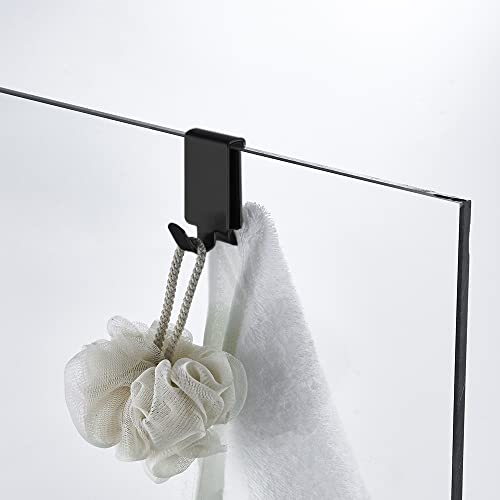 MOKIUER Double Hooks for Glass Shower Door, Towel Hooks Over The Bathroom Glass Wall 0.31-0.39in, Stainless Steel, Matte Black,2 Pack.