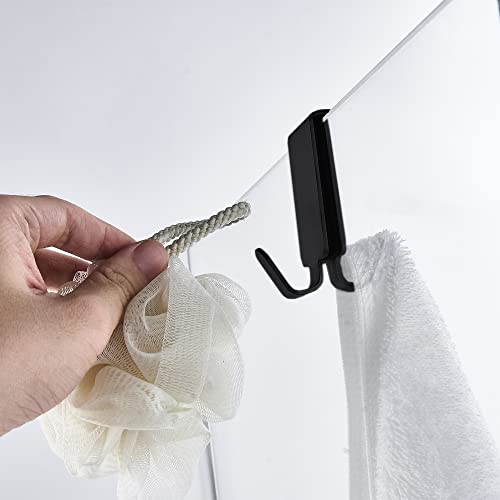 MOKIUER Double Hooks for Glass Shower Door, Towel Hooks Over The Bathroom Glass Wall 0.31-0.39in, Stainless Steel, Matte Black,2 Pack.