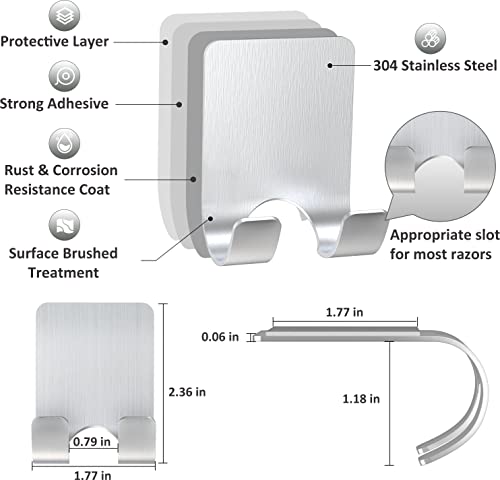 VIS'V Adhesive Razor Holder, Silver Self Adhesive Razor Hooks Shower Wall Razor Hanger Waterproof Stainless Steel Heavy Duty Bathroom Blade Shaver Holder for Men and Women - 2 Pcs