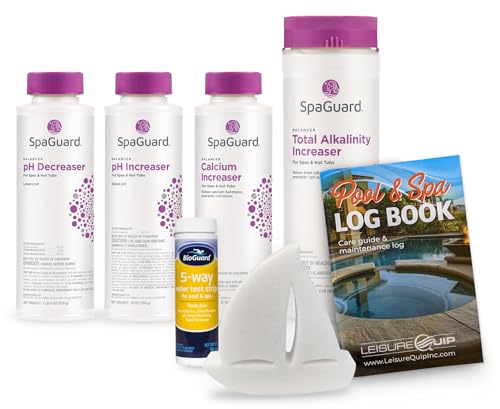SpaGuard Chemical Balancer Maintenance Kit with Test Strips - Contains Spa Alkalinity Increaser, Calcium Increaser, pH Increaser, pH Decreaser, Scum Absorber, Test Strips & Hot Tub Care Log Book