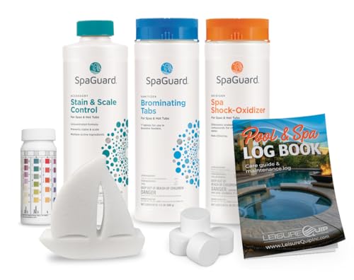 4 Month Hot Tub Chemical Kit - SpaGuard® Bromine Tablets, Spa Shock, Stain and Scale, & 5-Way Test Strips, LeisureQuip ScumBoat. and LeisureQuip Pool & Spa Care Log Book