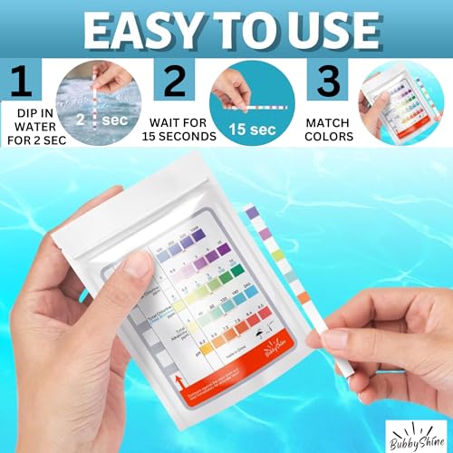 BubbyShine, Pool Test Strips - Pool Test Kit, Pool Water Testing Kit, Hot Tub Test Strips, Chlorine Test Strips for Pool Testing Kit, Spa Test Strips for Hot Tub Testing Strips, ph Strips