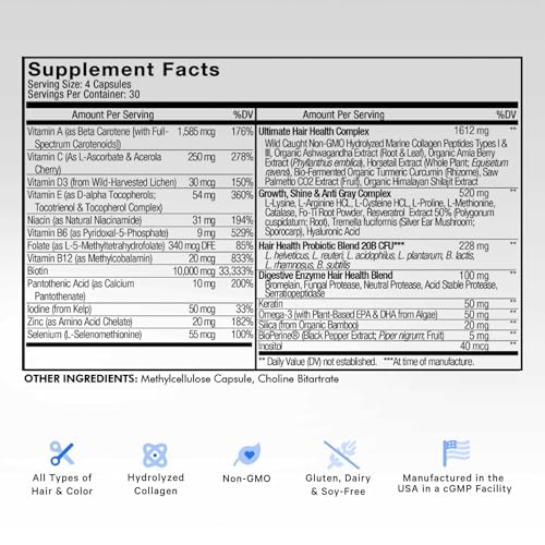 Codeage Hair Vitamins 10000 mcg Biotin, Keratin, Collagen, Vitamin A, B12, C, D3, E, Zinc, Inositol - Hair Care Support for Strength, Thickness Growth - Healthy Hair Supplement Pills - 120 Capsules