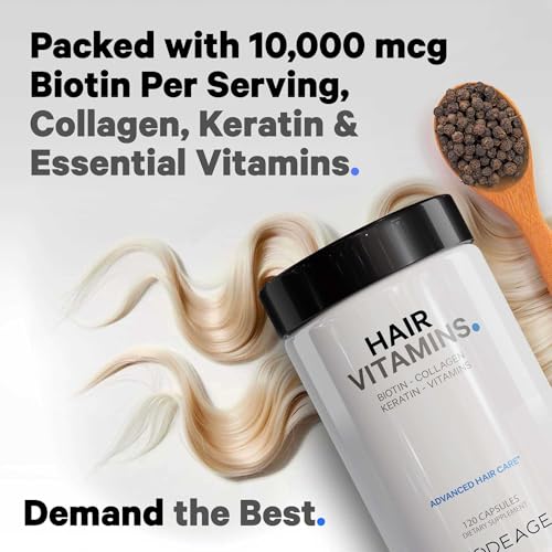 Codeage Hair Vitamins 10000 mcg Biotin, Keratin, Collagen, Vitamin A, B12, C, D3, E, Zinc, Inositol - Hair Care Support for Strength, Thickness Growth - Healthy Hair Supplement Pills - 120 Capsules