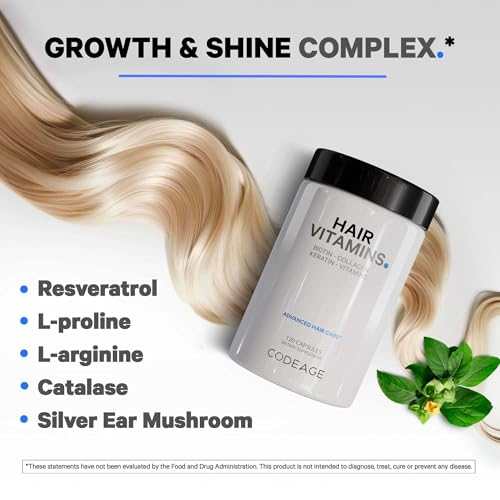 Codeage Hair Vitamins 10000 mcg Biotin, Keratin, Collagen, Vitamin A, B12, C, D3, E, Zinc, Inositol - Hair Care Support for Strength, Thickness Growth - Healthy Hair Supplement Pills - 120 Capsules