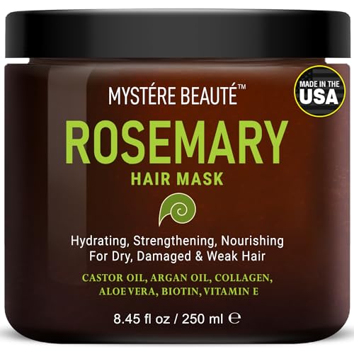 MYSTÉRE BEAUTÉ Rosemary Hair Mask for Dry Damaged Hair and Growth - with Collagen, Biotin, Argan Oil - Strengthening, Deep Conditioning Hair Mask for Curly Hair, Split Ends & Hair Loss - 8.45 fl oz