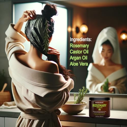 MYSTÉRE BEAUTÉ Rosemary Hair Mask for Dry Damaged Hair and Growth - with Collagen, Biotin, Argan Oil - Strengthening, Deep Conditioning Hair Mask for Curly Hair, Split Ends & Hair Loss - 8.45 fl oz