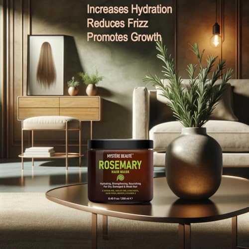 MYSTÉRE BEAUTÉ Rosemary Hair Mask for Dry Damaged Hair and Growth - with Collagen, Biotin, Argan Oil - Strengthening, Deep Conditioning Hair Mask for Curly Hair, Split Ends & Hair Loss - 8.45 fl oz